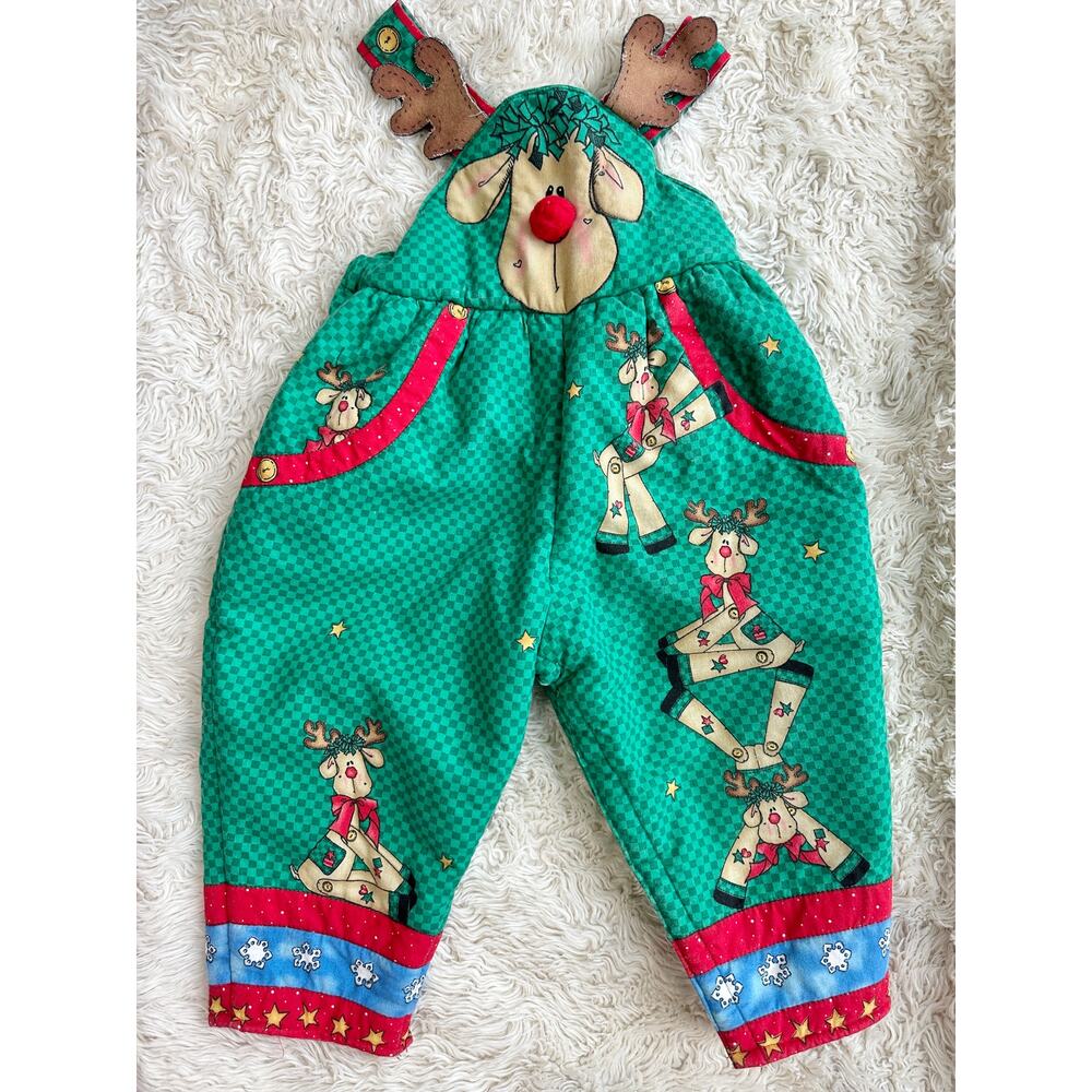 90’s Homemade Daisy Kingdom Rudi Reindeer Quilted Christmas Overalls